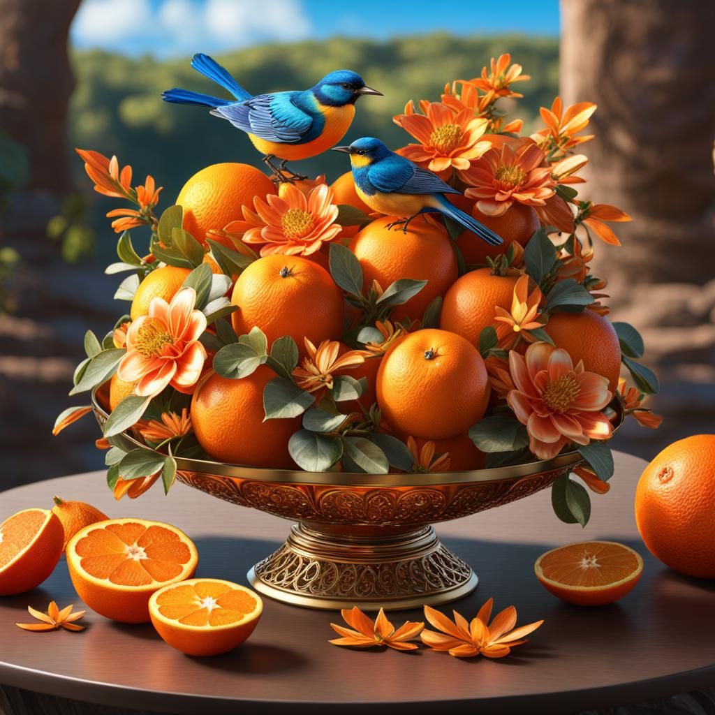 Floating Island: Oranges, Flowers, and Sparkling Sky