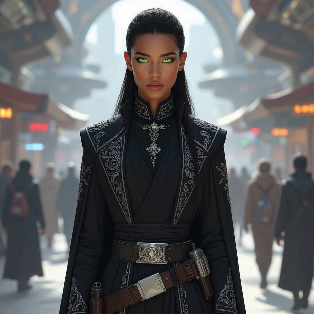 Futuristic Mulatto in Spaceport, Gritty Sci-Fi Art