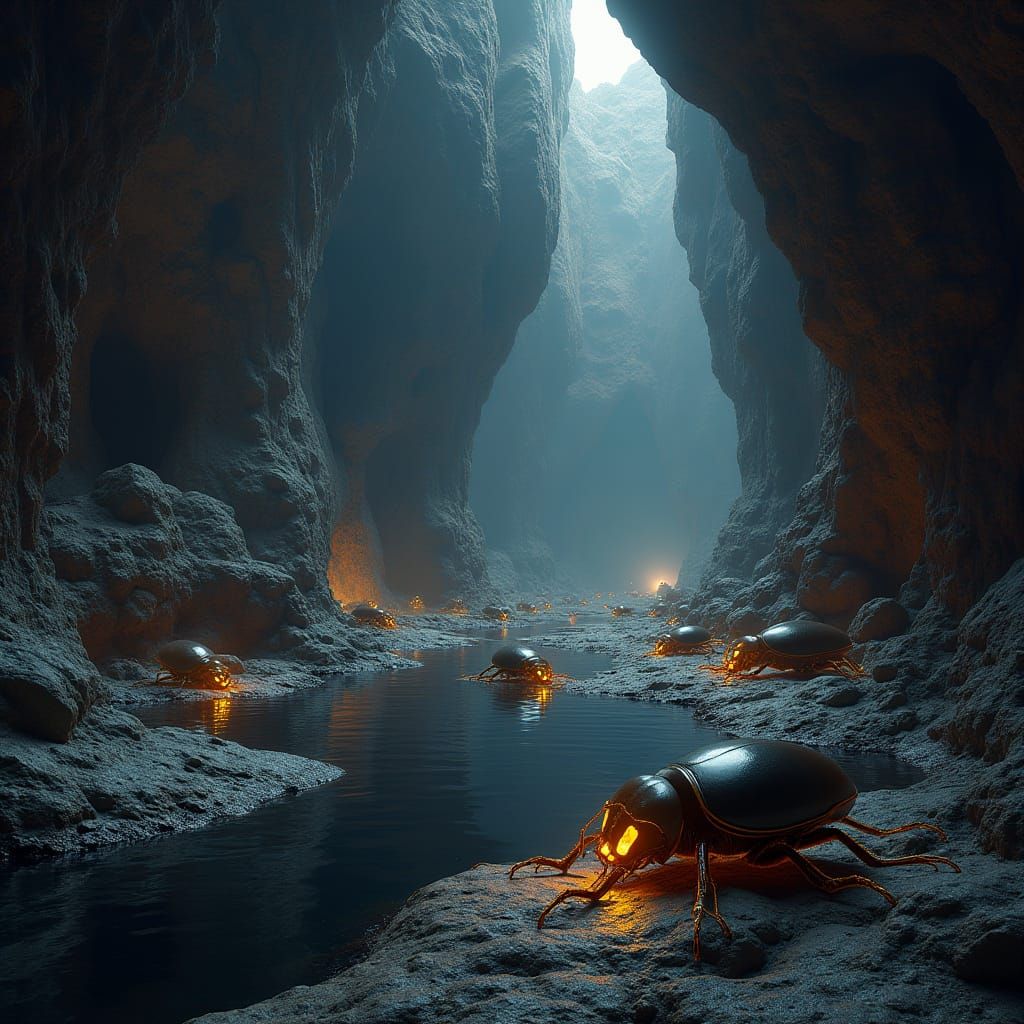 Ancient Cave System with Black Oil and Iridescent Beetles in...