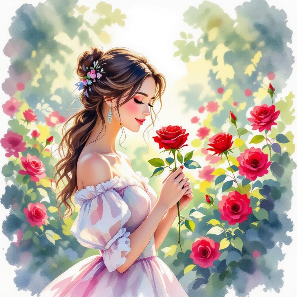 Belle in Rose Garden with Watercolor Alcohol Ink Effect