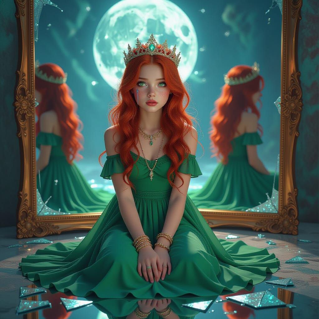 Shattered Reflection: Girl with Moon Crown Crying