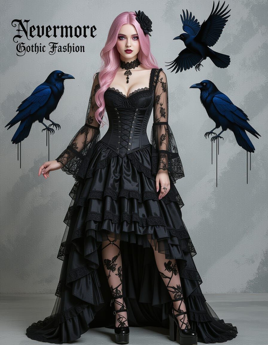 Gothic Woman with Raven Brocade in Graffiti Art