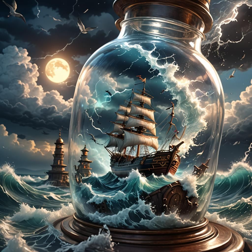 Stormy Ship in a Bottle: 3D Anime Art