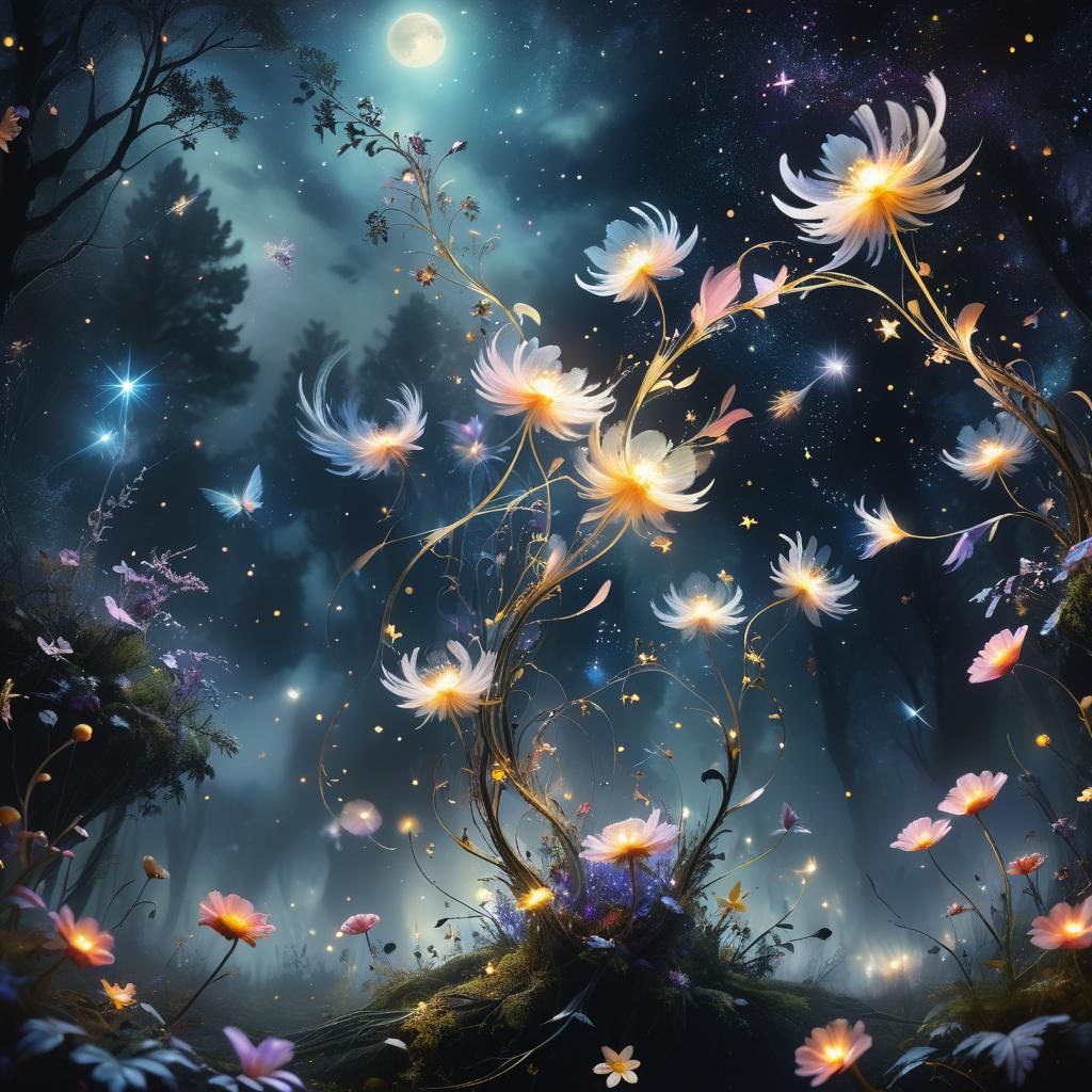 Ethereal Flowers in Mystical Forest, Dreamlike Fantasy Art