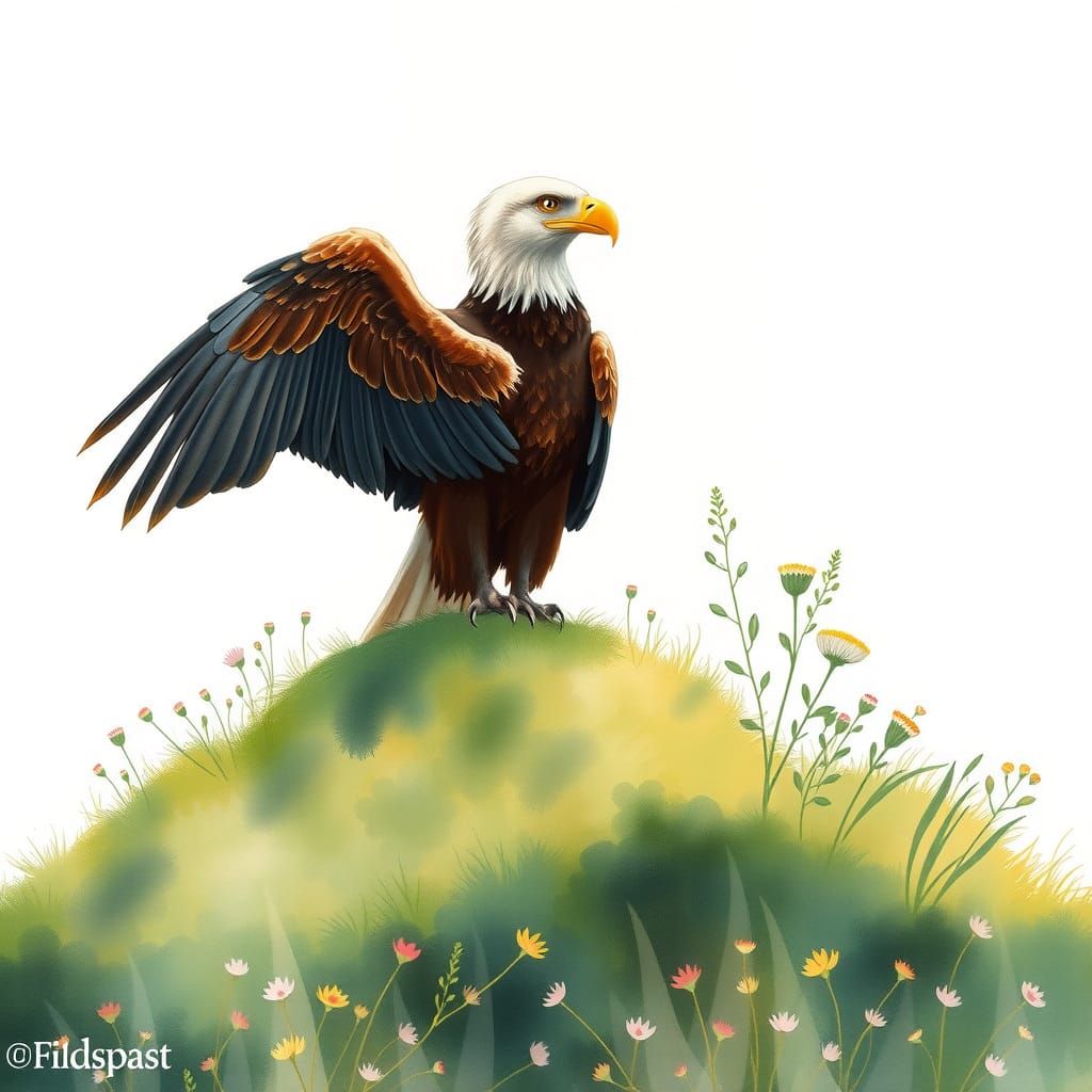 Watercolor Bald Eagle on Green Hill with Flowers