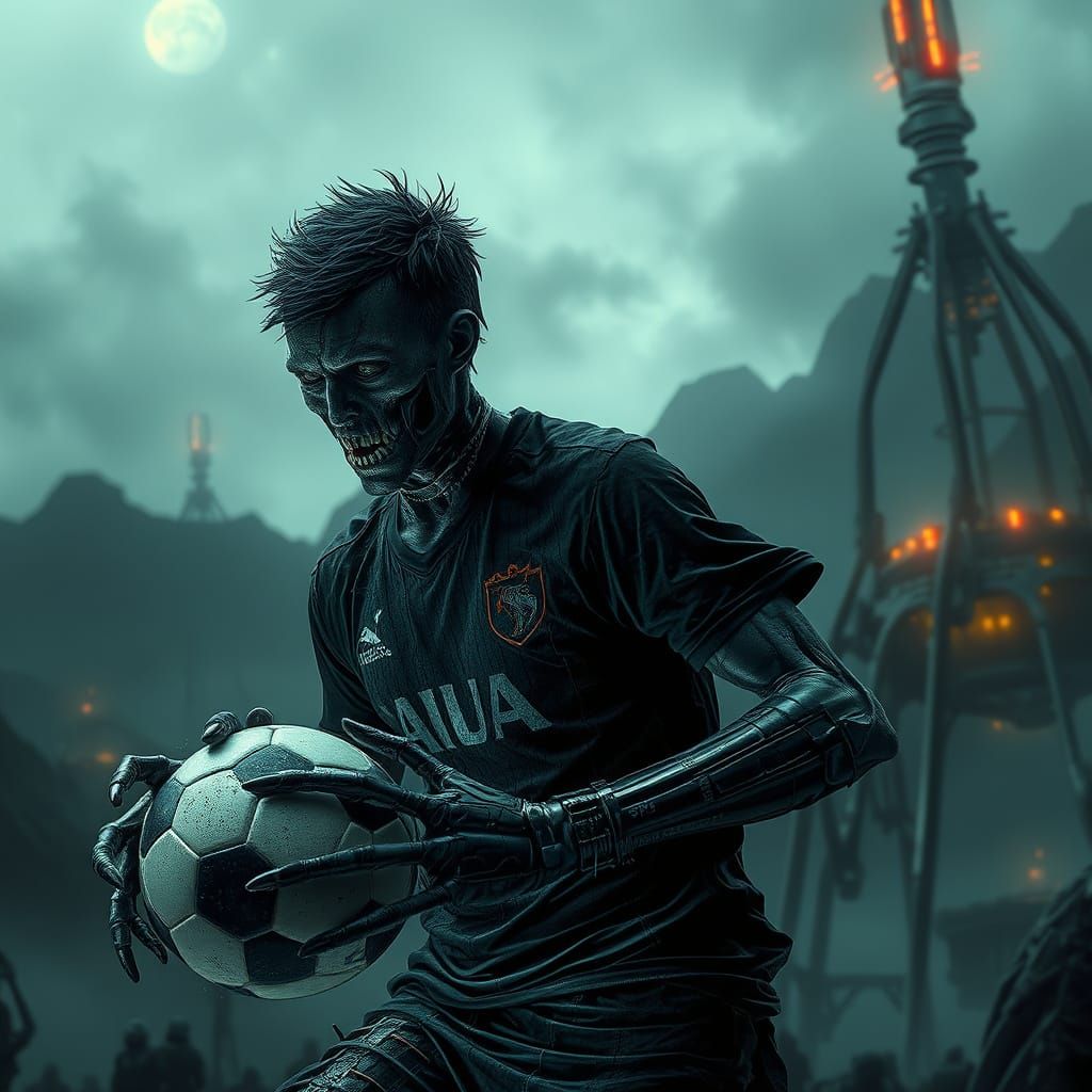 Gothic Soccer Player in Haunting Biomechanical Landscape