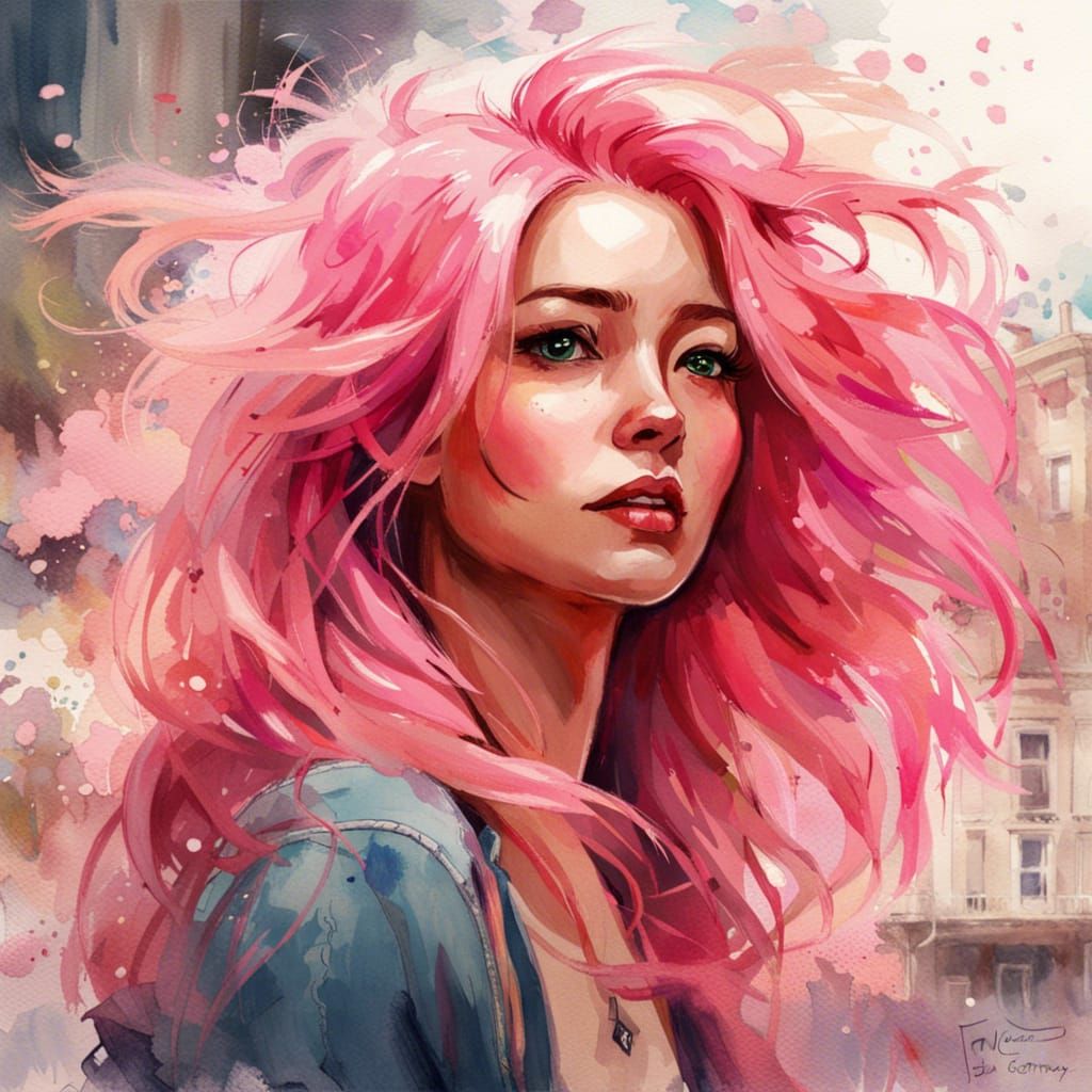 Woman with Pink Hair, Watercolor Illustration