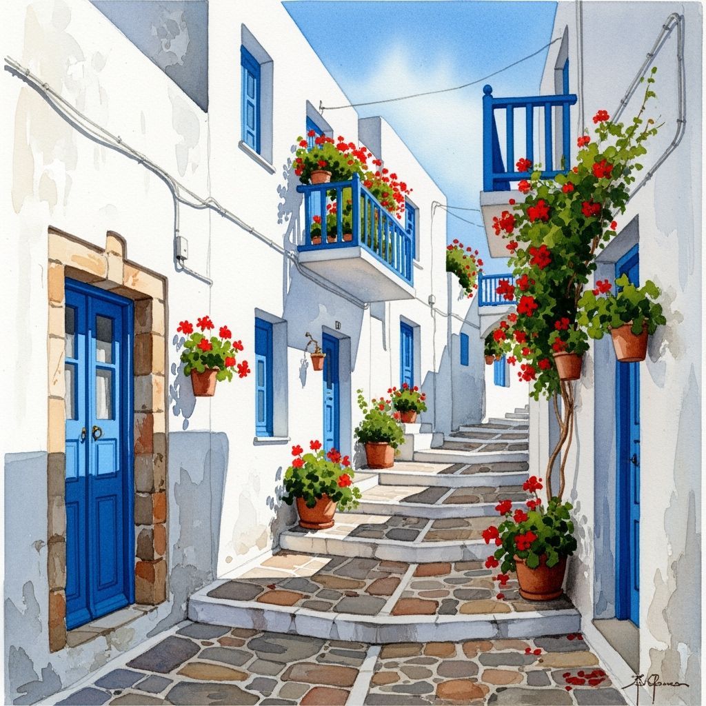 Greek Island Alleyway in Watercolor