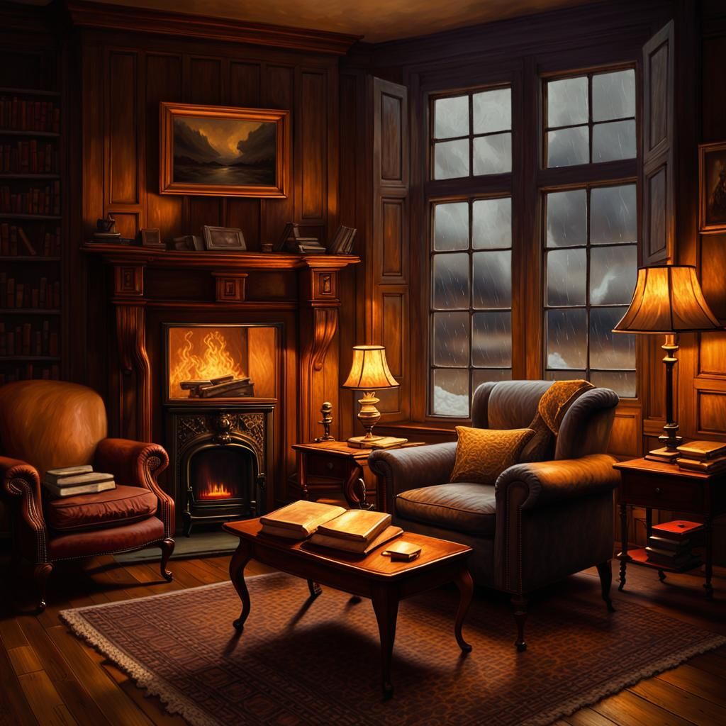 Inviting Study with Fireplace as Oil Painting