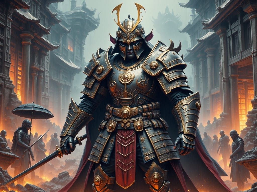 Armored Warrior in Mystical Sci-Fi Landscape