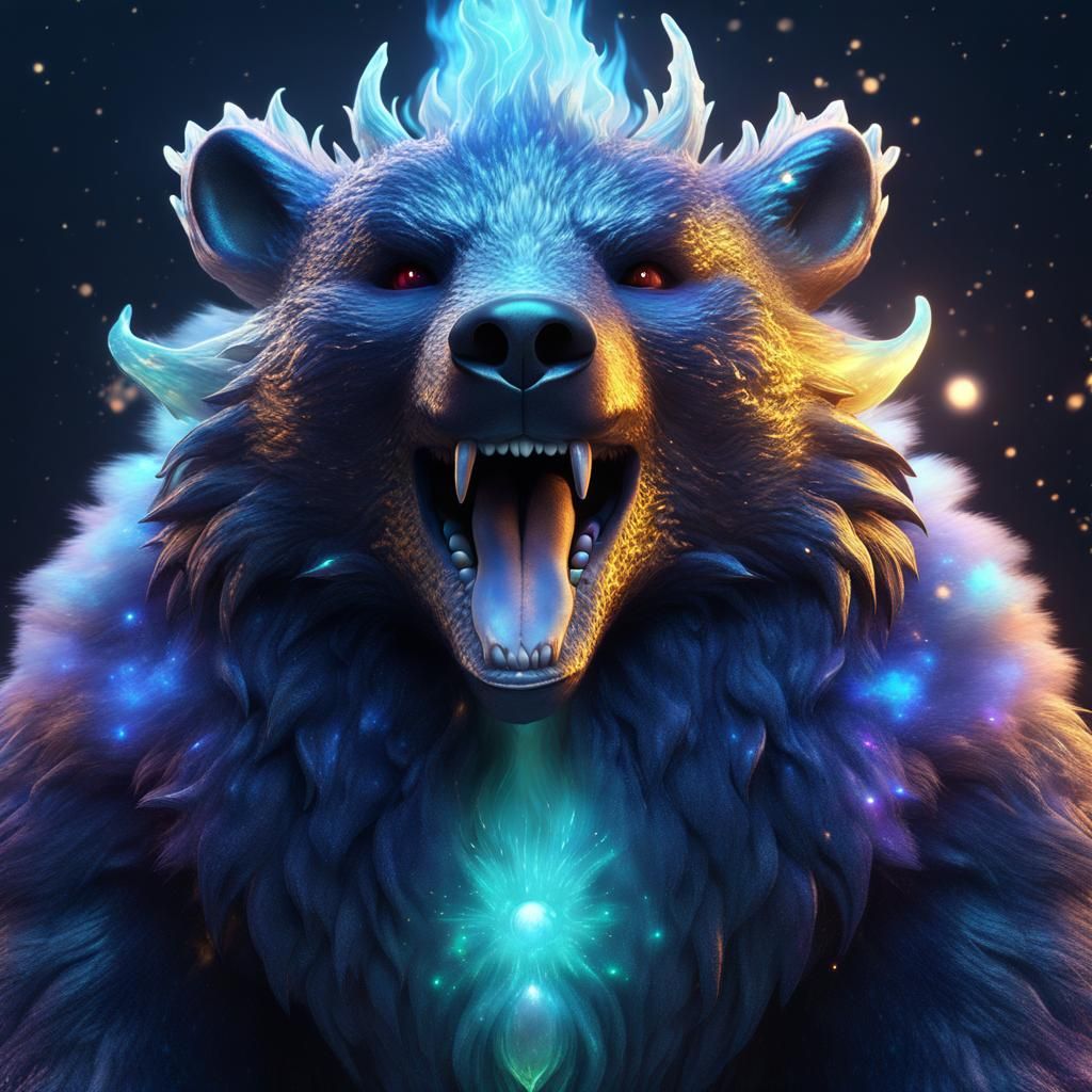 Friendly Bear-Dragon Hybrid in a Galaxy of Flames