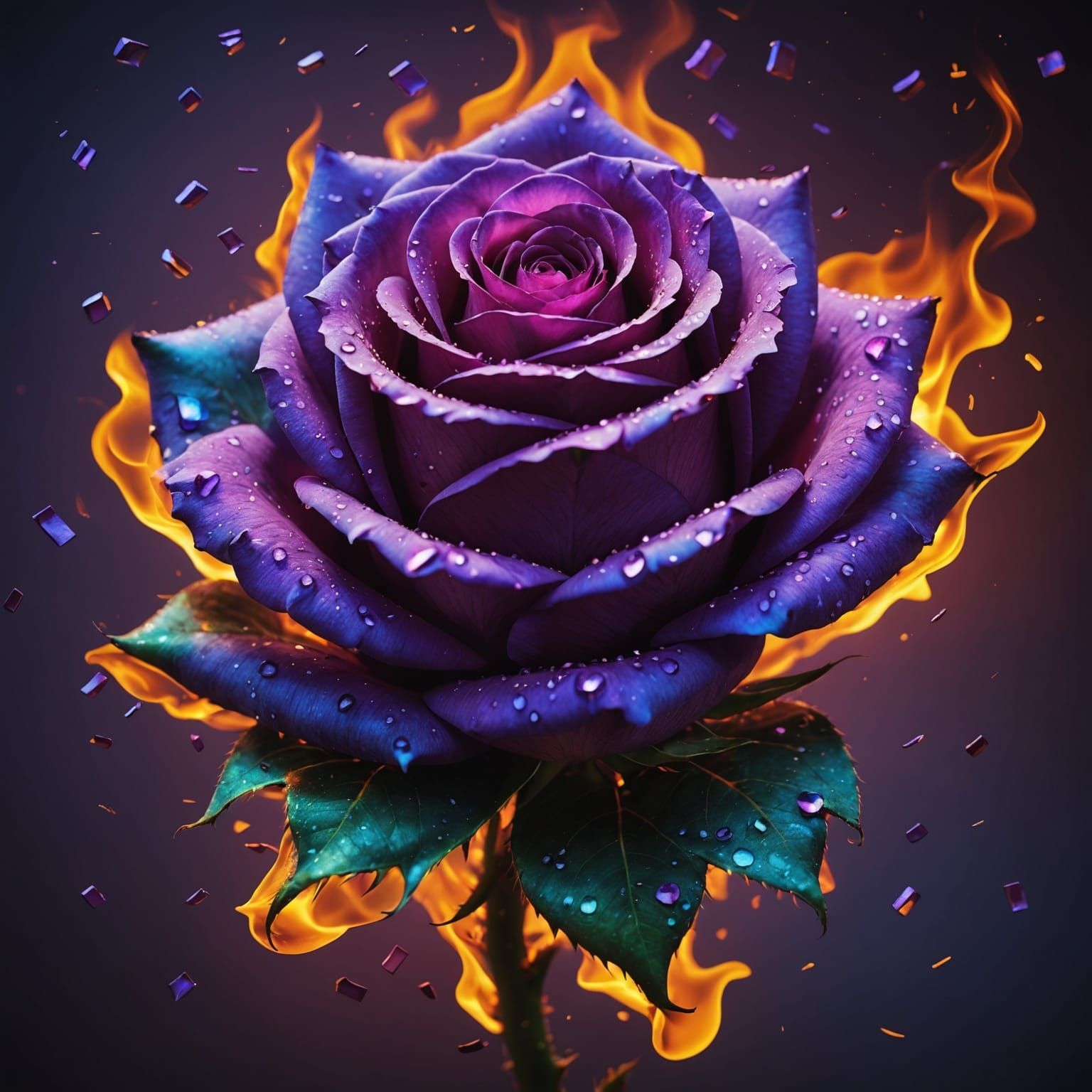 Fiery Purple Rose Disintegrating Into Puzzle Pieces