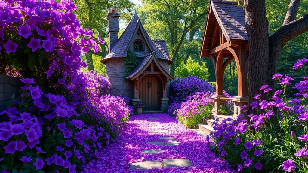 Whimsical Fairy Cottage in Vibrant Purple Bloom
