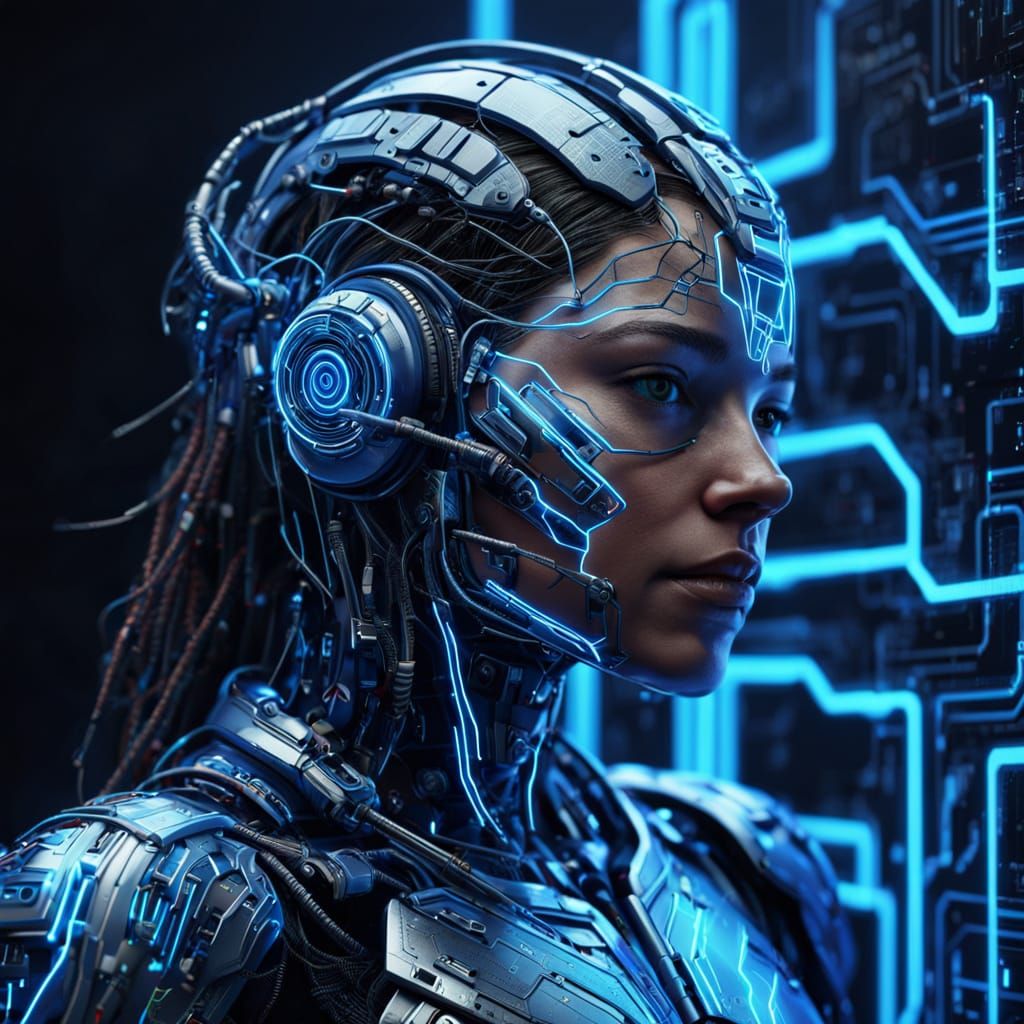 Female Cyborg Connected to Circuit Wall in Digital Art Style