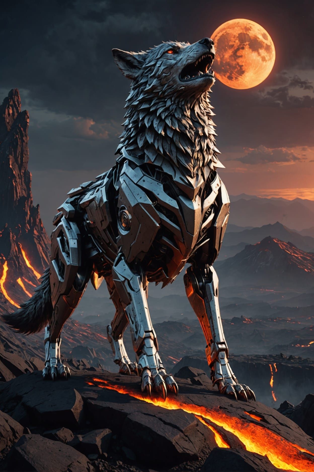 Cyberpunk Wolf Howling at Moon Over Lava