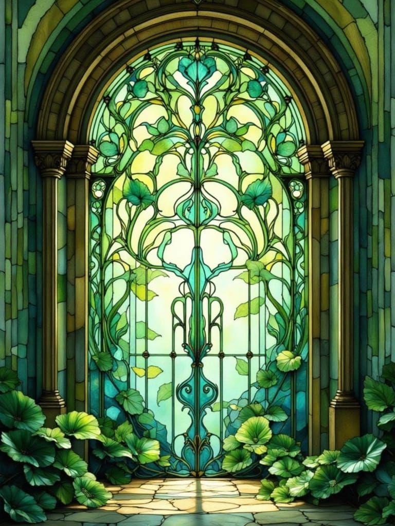 Art Nouveau Mission Window with Stained Glass