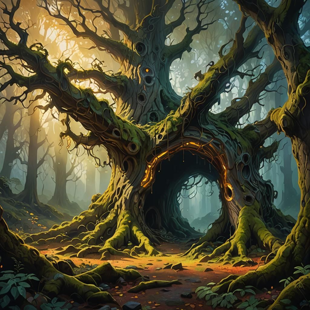 Mystical Hollow Tree in Misty Forest: Oil Painting