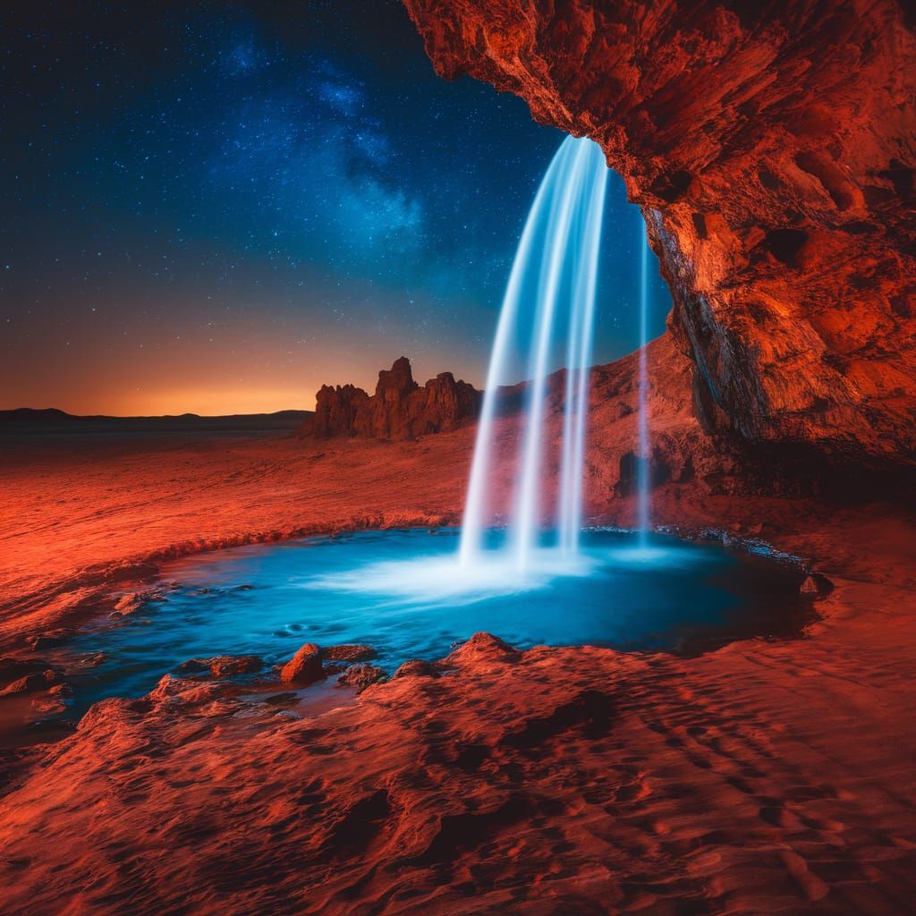 Luminous Blue Waterfall in Red Desert Under Stars