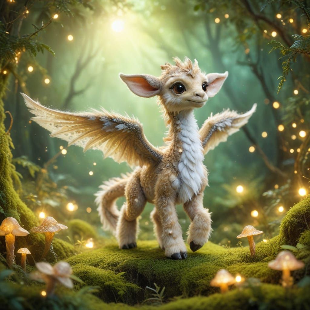 Adorable Baby Dragon-Giraffe Hybrid in Magical Forest