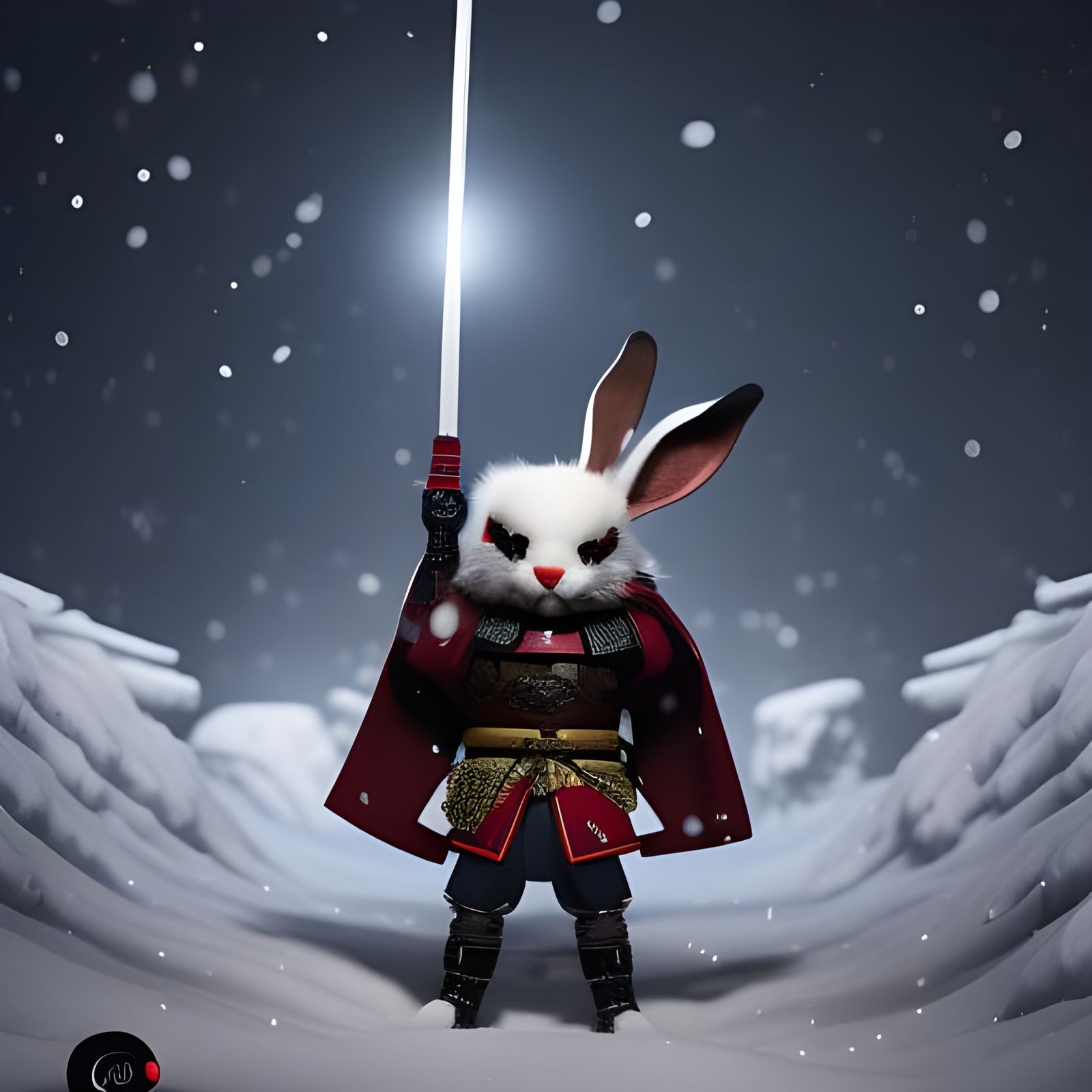 Adorable Samurai Rabbit on Winter Night: Digital Art