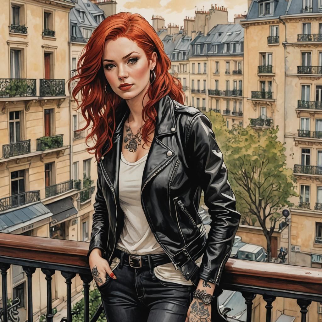 Badass Woman in Paris, in Manara Comic Style