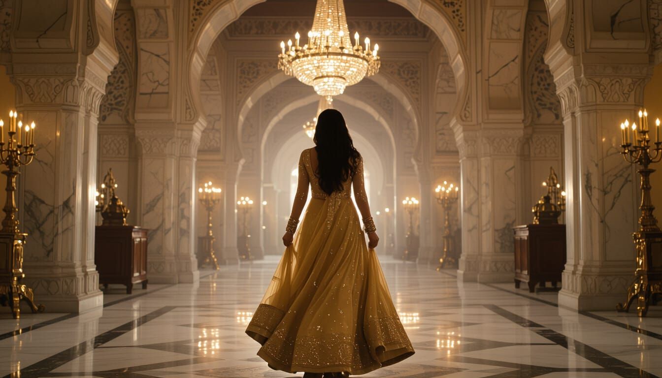 Elegant Woman Enters Mughal Palace: Cinematic Film Still