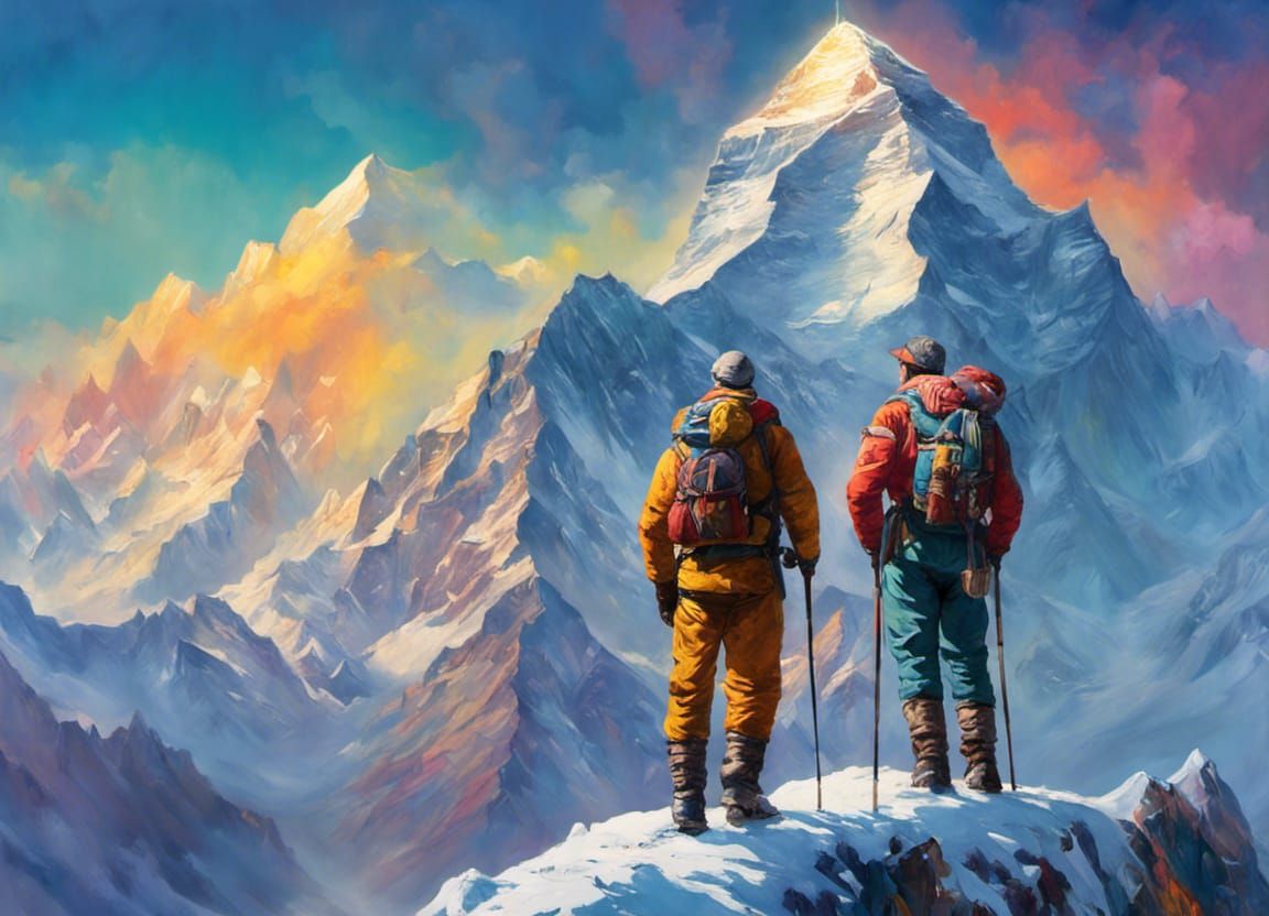Hillary and Tenzing Triumph on Everest in Detailed Painting
