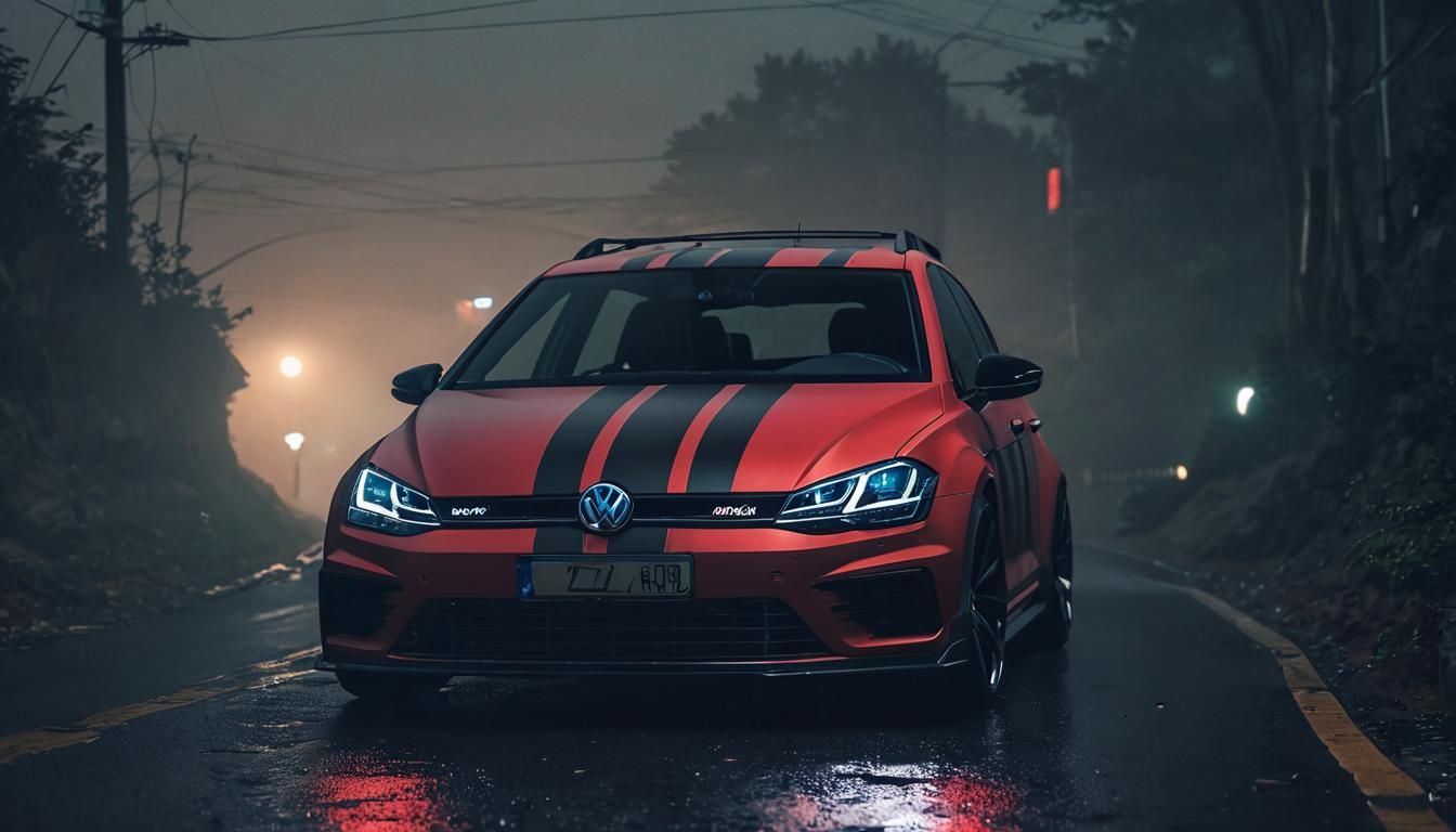 Cyberpunk VW Golf 7R Variant in Neon-Lit Fog