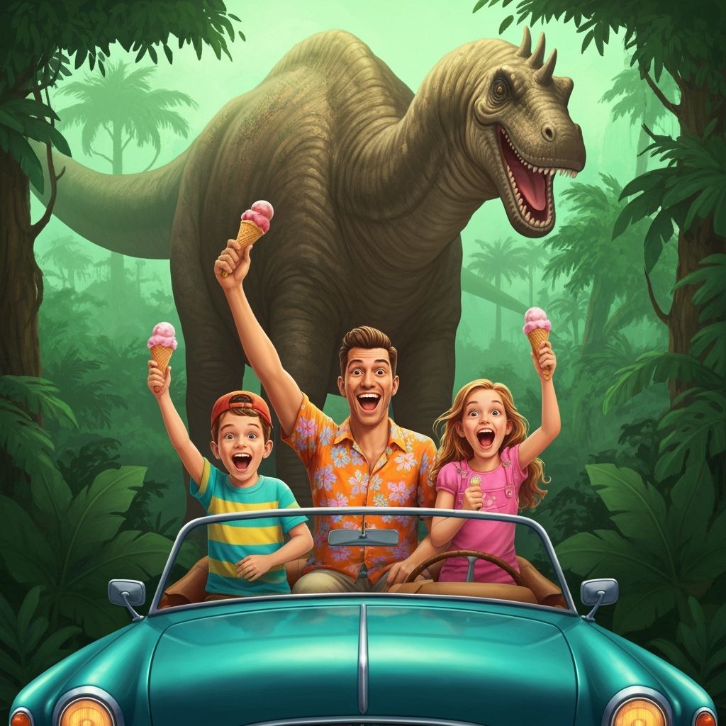 Family Adventure Under a Brontosaurus in Jurassic Forest