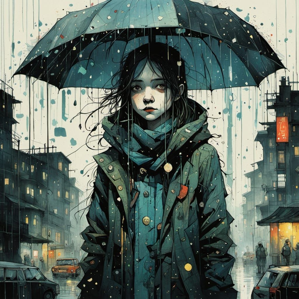 Rainy City Nights in Expressive Illustrative Style