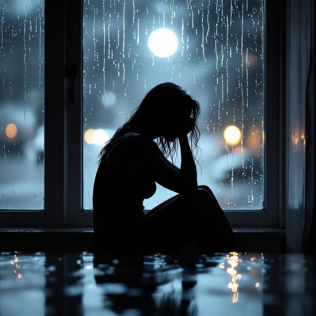 Introspective Silhouette by Rain-Streaked Window