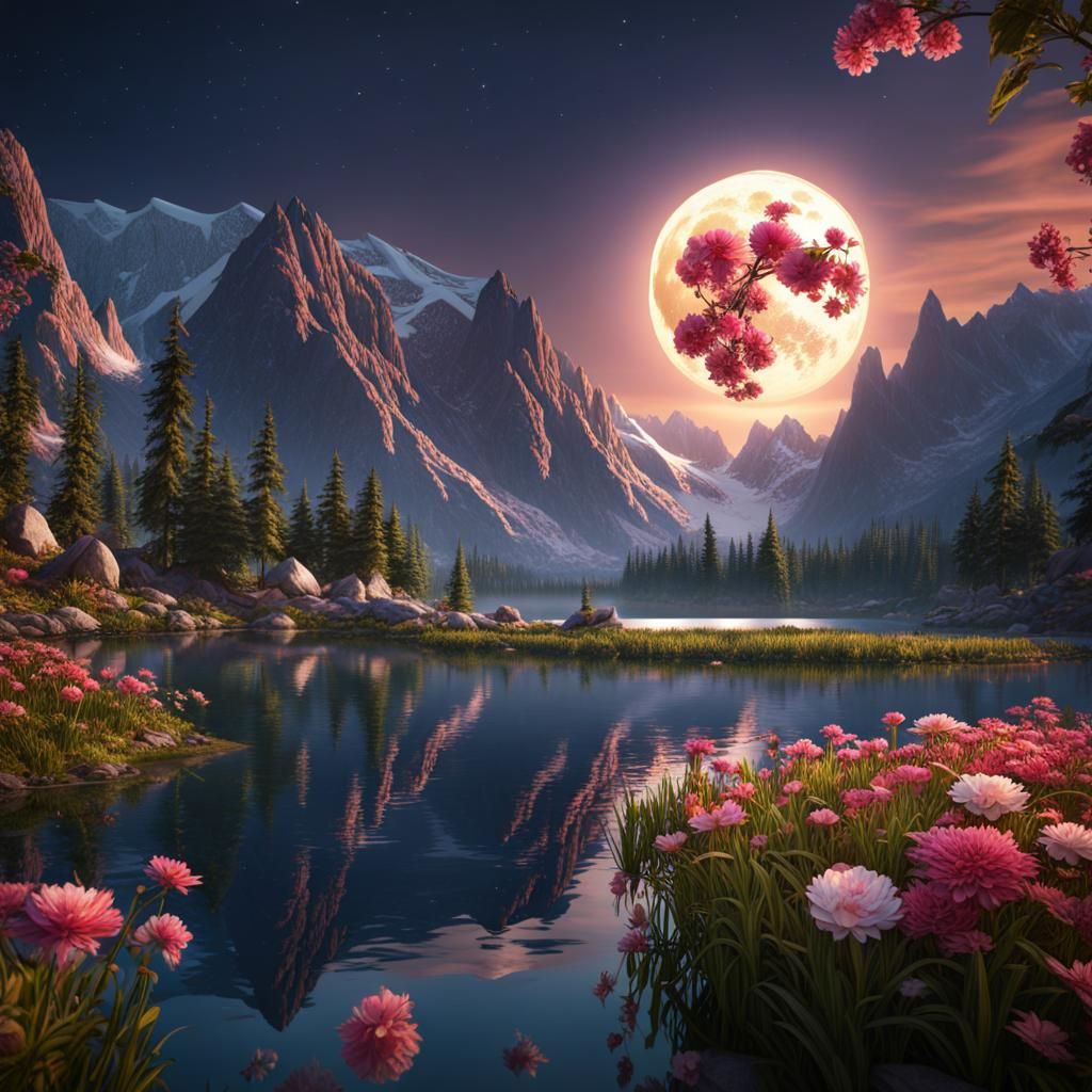 Moonlit Lake Reflection in Fantasy Landscape Art