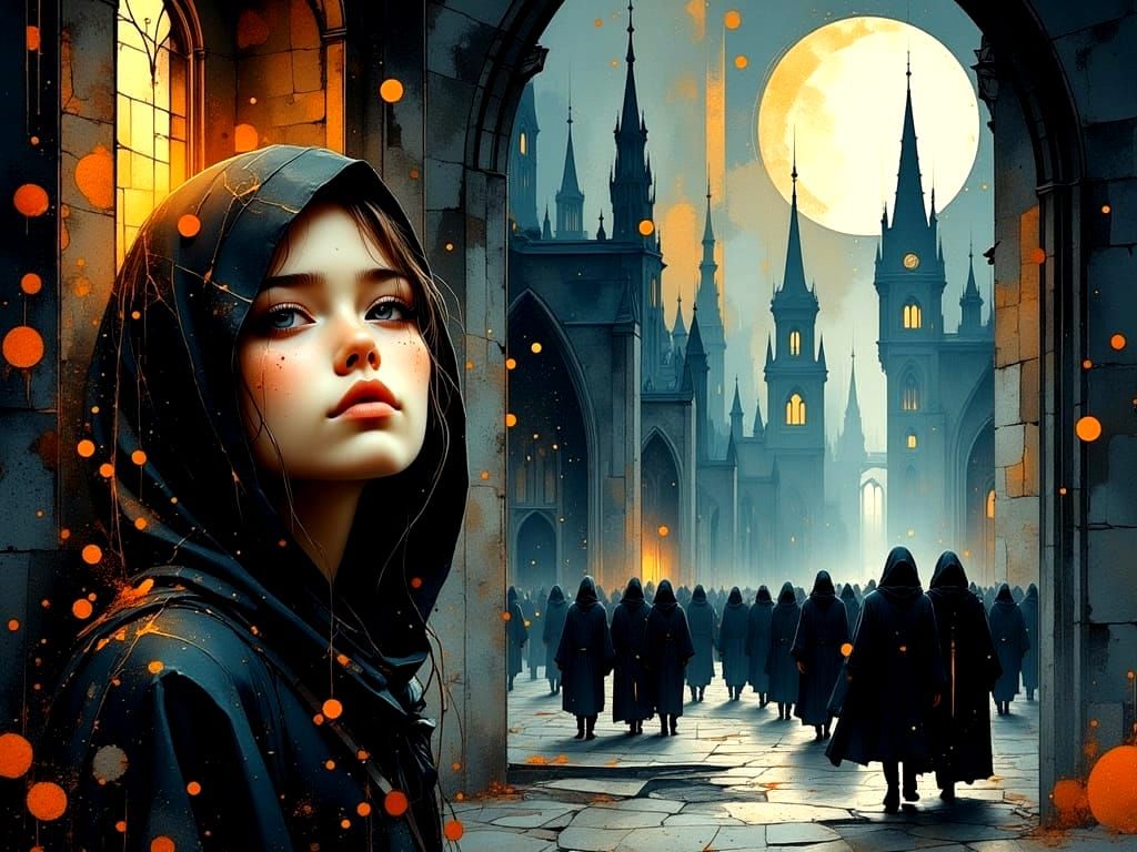 Surreal Cubist Girl Observes Gothic Monks in Moonlit Process...