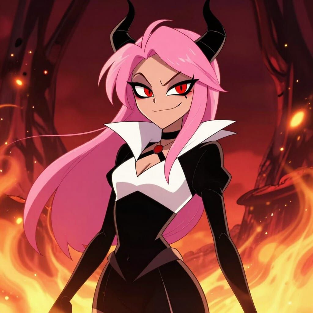Sassy Demon with Pink Hair in Fiery Underworld