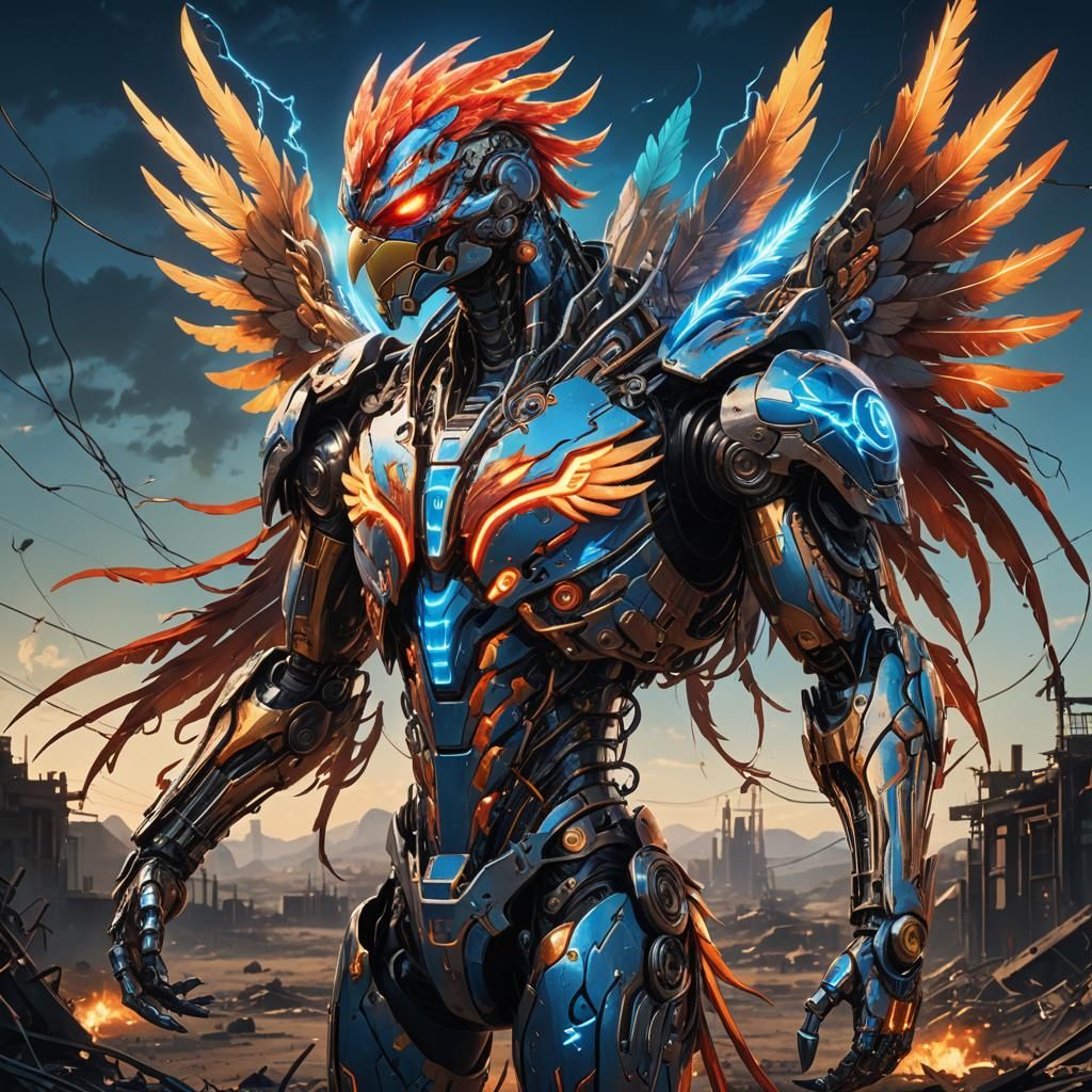 Mechanical Phoenix Rises in Post-Apocalyptic Manga Style