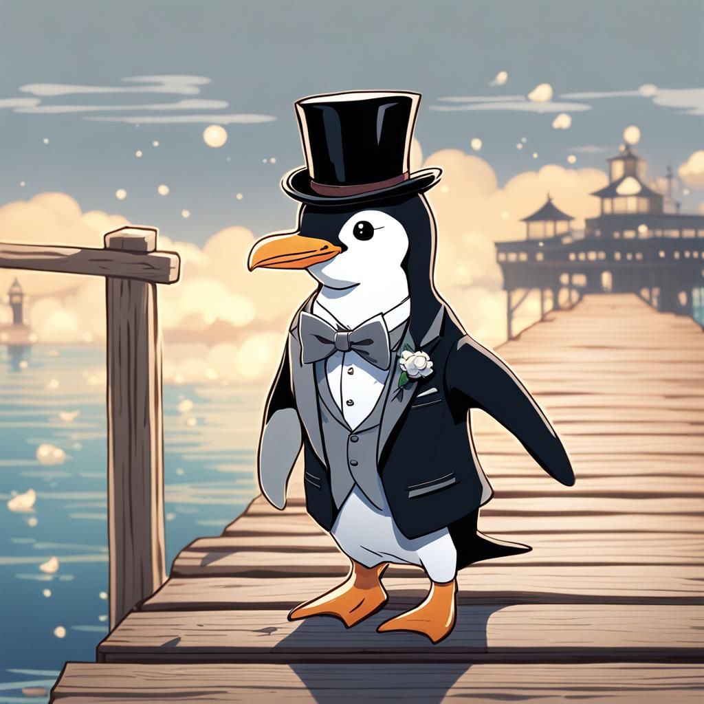 Anime Penguin in Tuxedo on Pier, Ghibli Style