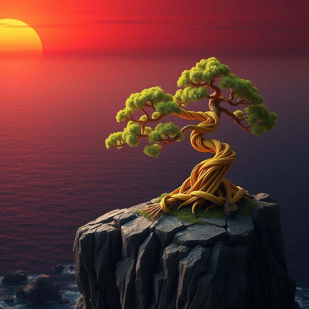 Pencil Bonsai Tree on Sea Cliff at Sunset