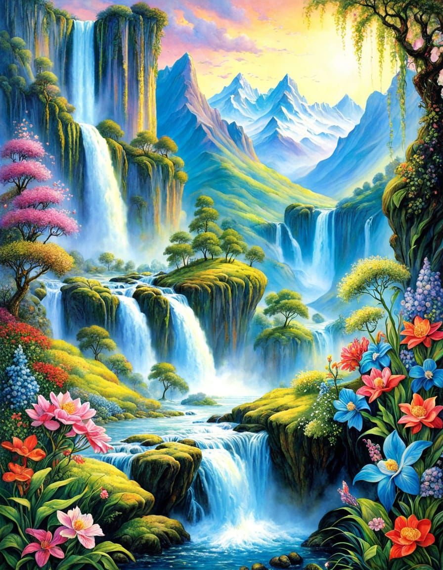Fantasy Waterfall Landscape with Mountains and Blooming Flow...