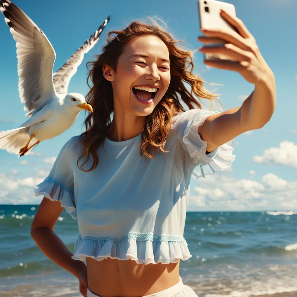 Seagull Photobomb: A Sunny Beach Selfie Interrupted