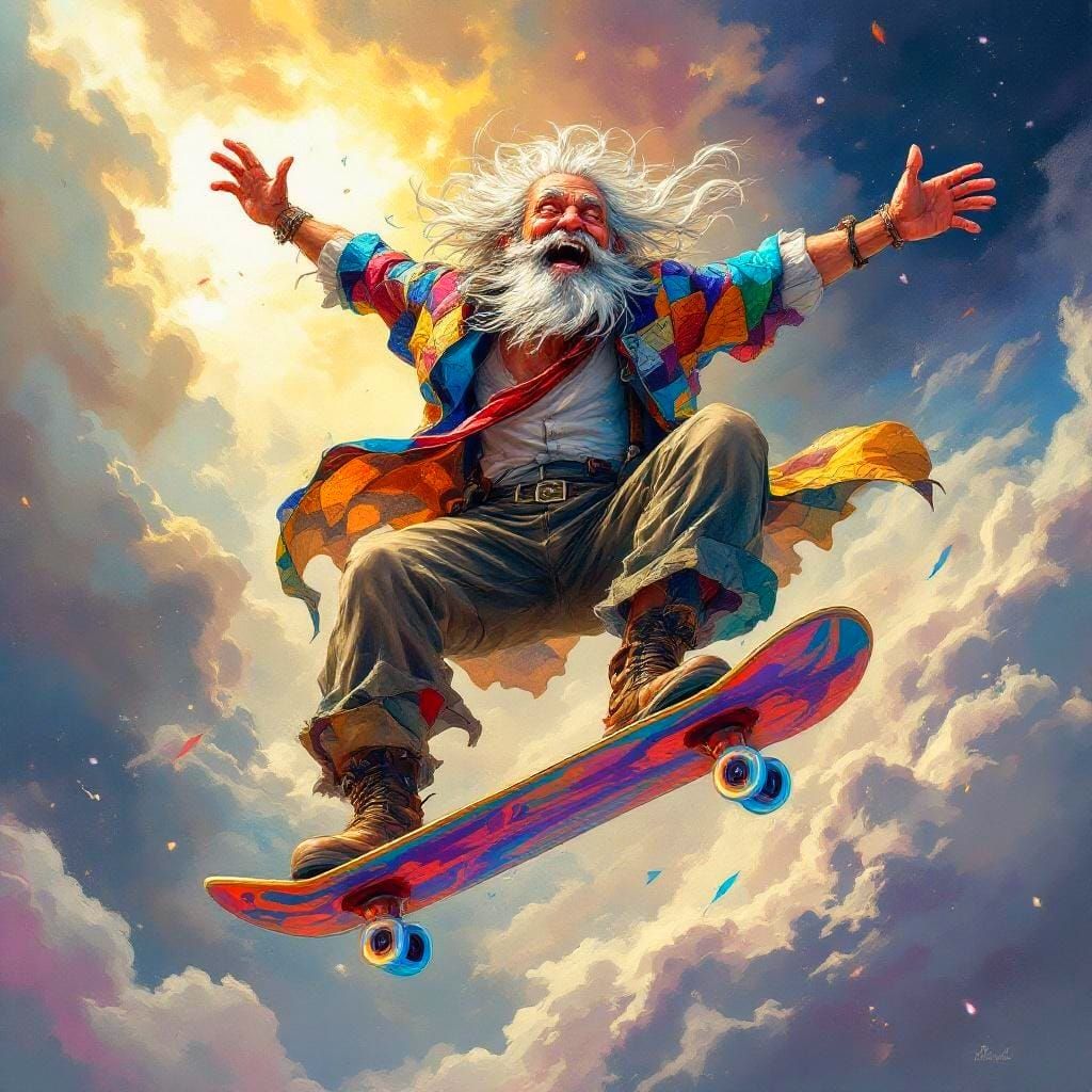Skateboarding Elderly Man in Whimsical Fantasy Style