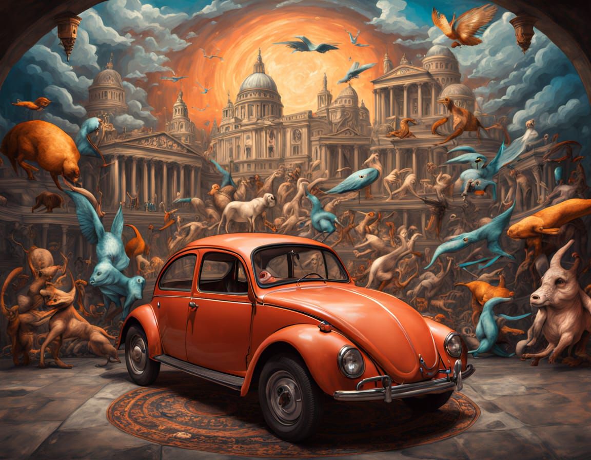 Whimsical Cars and Creatures in a Surrealist Style