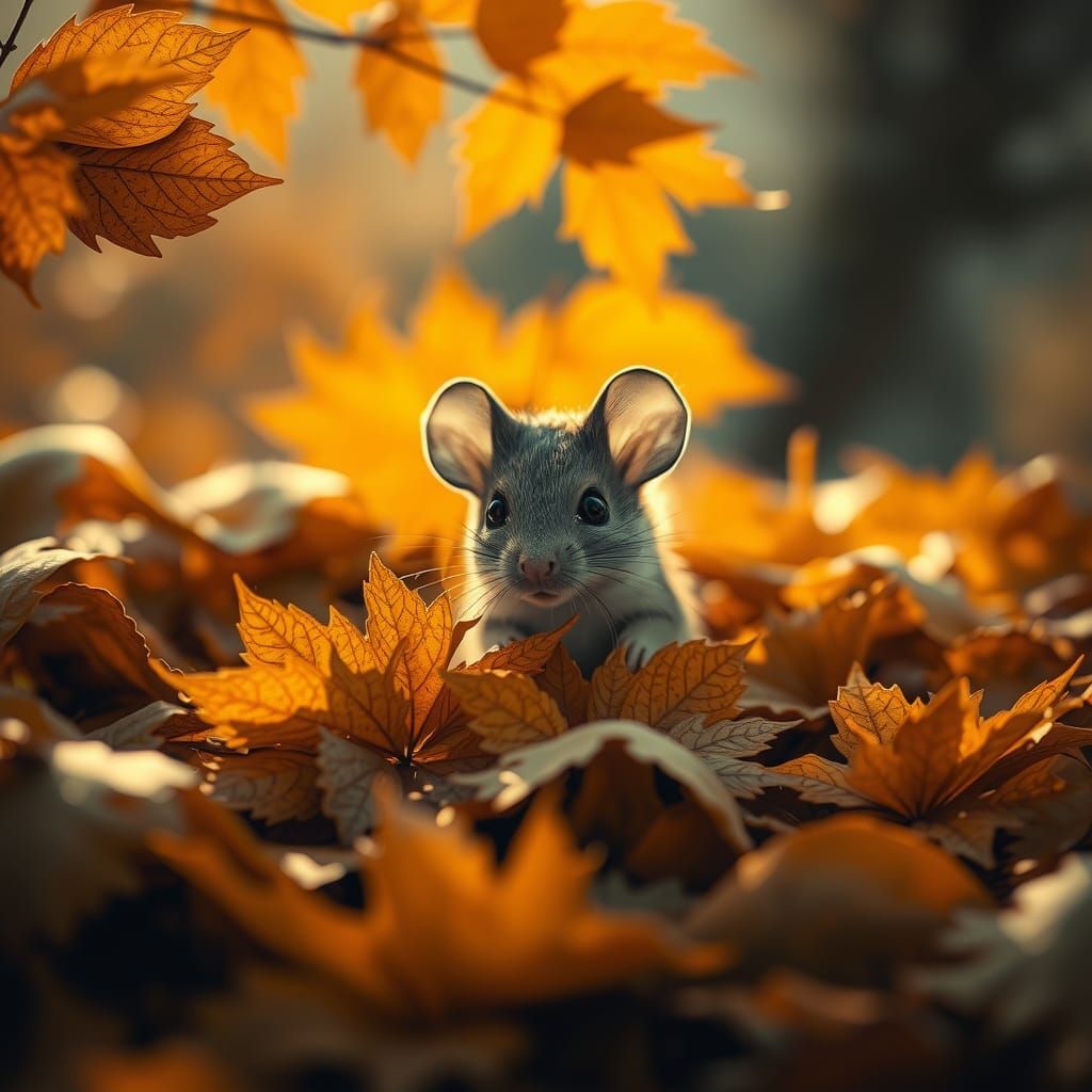 Cute Mouse in Autumn Leaves, Photorealistic Painting