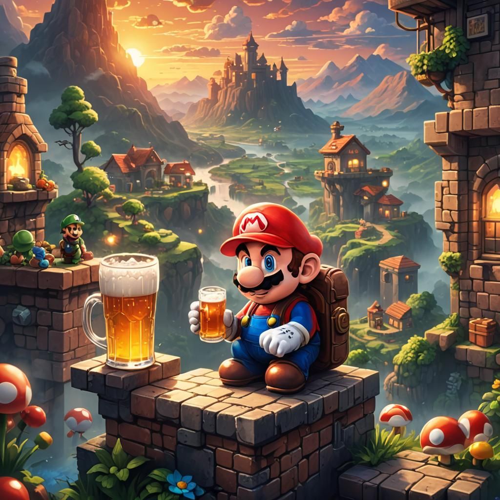 Cute Pixelated Mario Bros in a Dreamlike Fantasy Realm