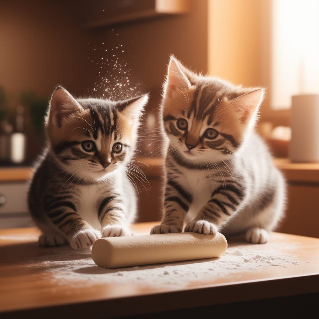 Whimsical Kittens Roll Dough in Warm Kitchen Light