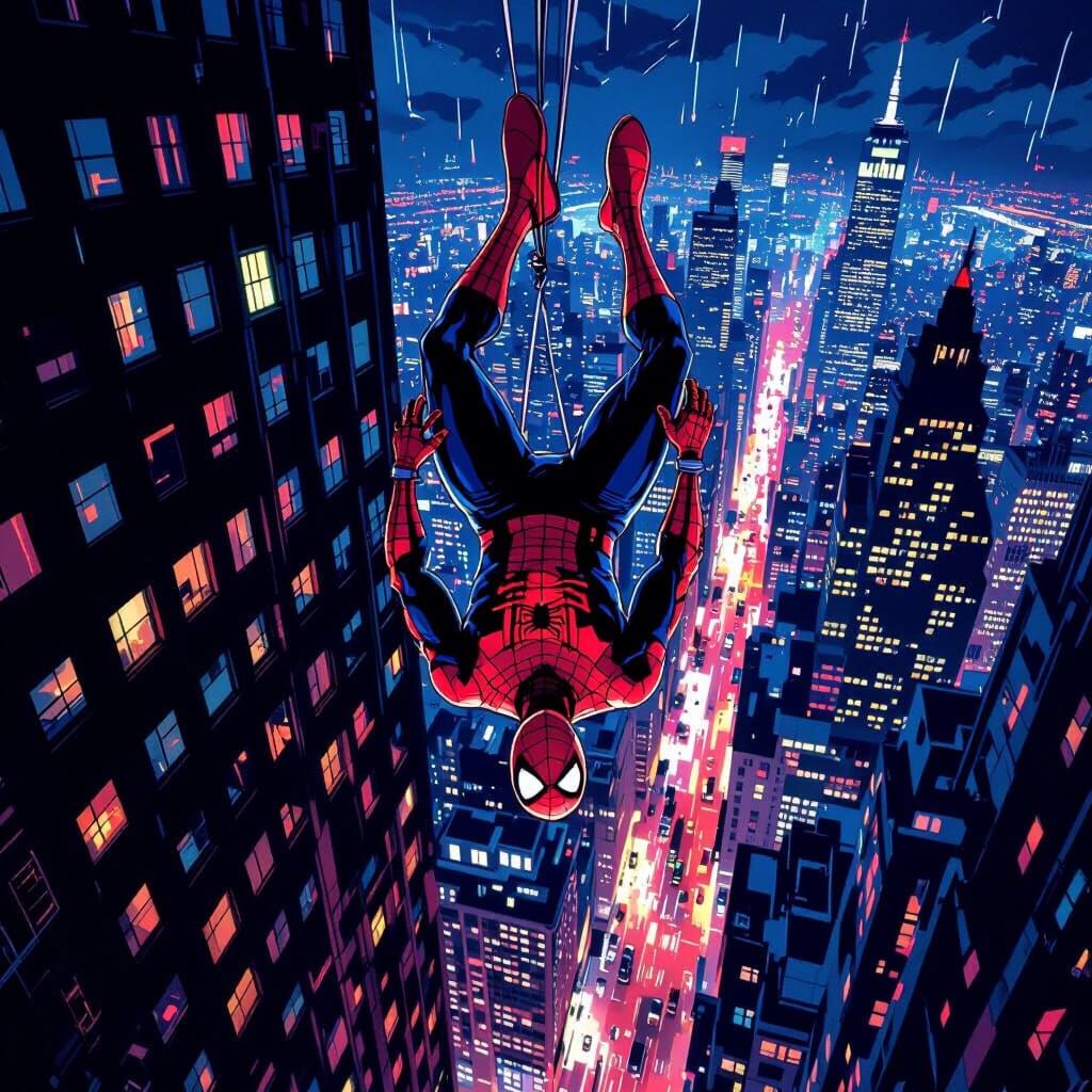 Spiderman Hangs from NYC Skyscraper in Comic Style