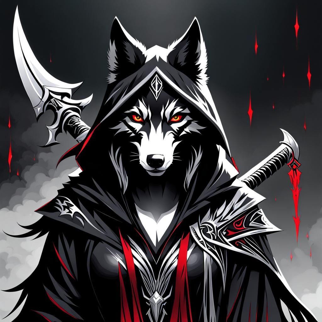 Anthro Wolf Grim Reaper in Tribal Style