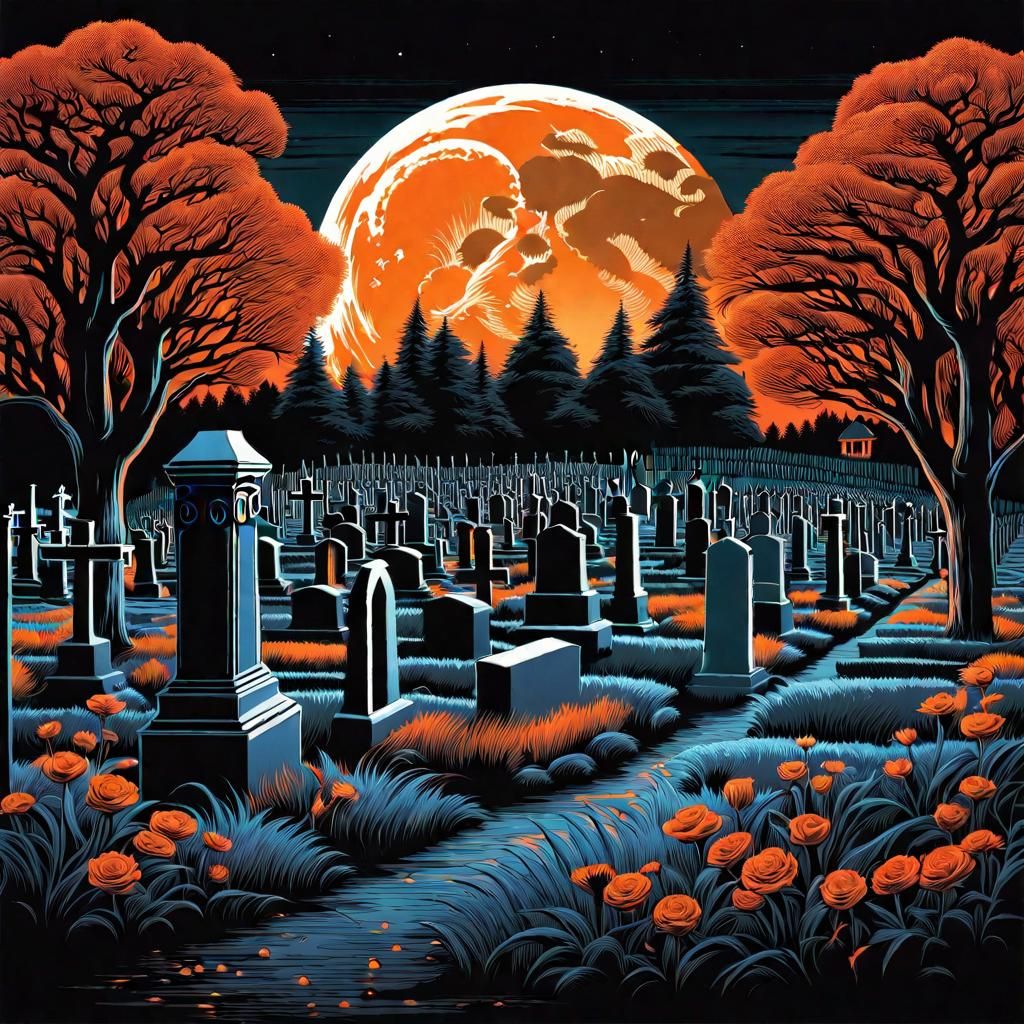 Ethereal Cemetery Scene Under a Full Moon Glow