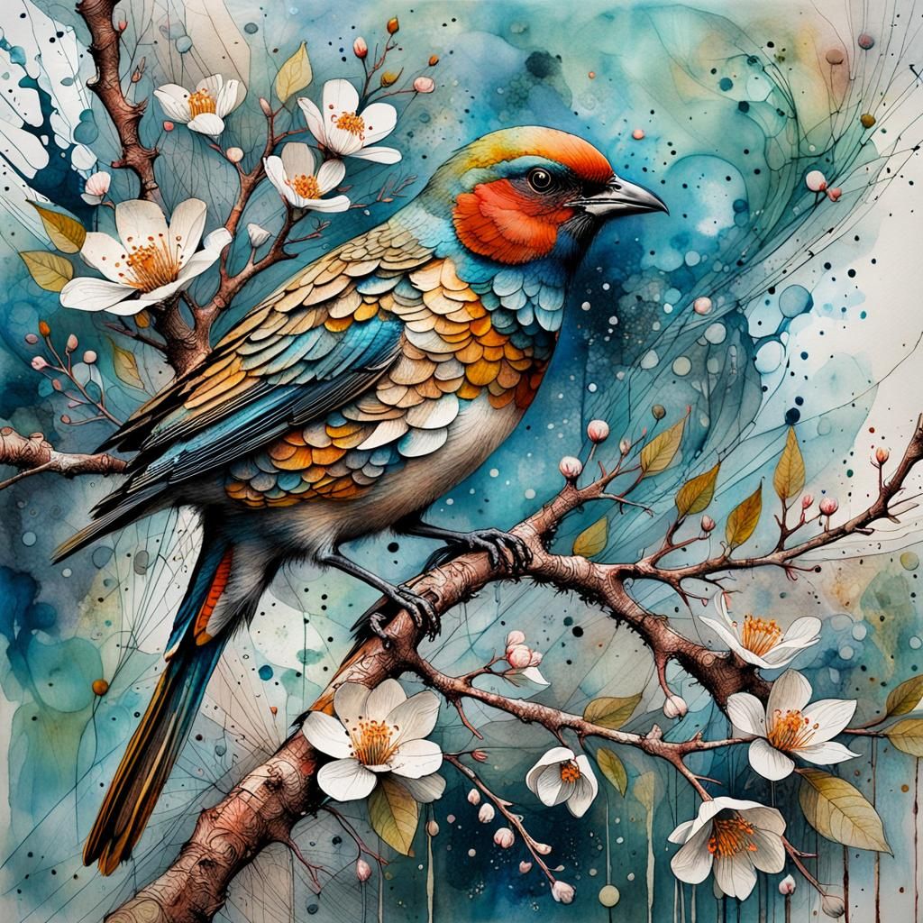 Hyperrealistic Bird Portrait on Flowering Branch