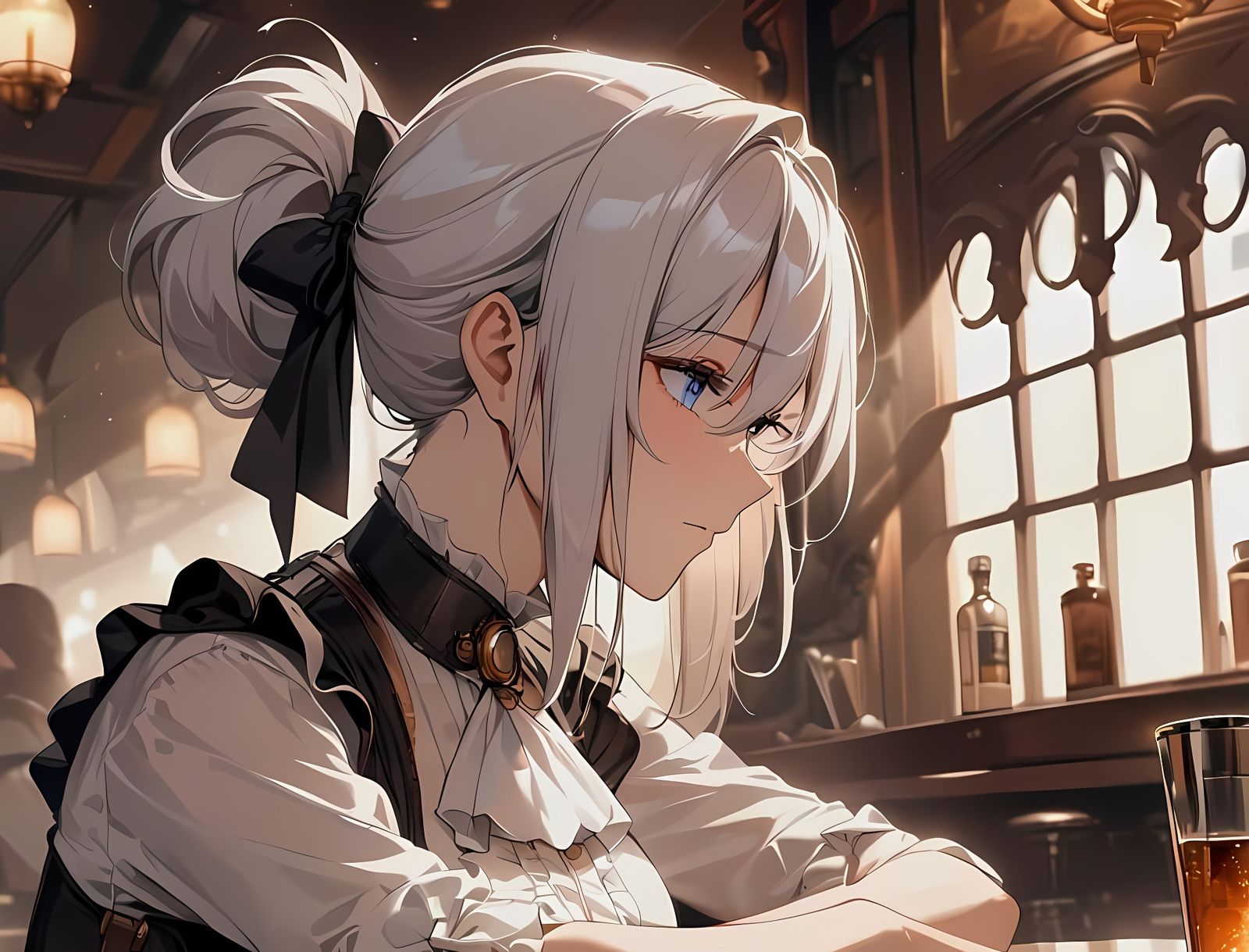 Steampunk Victorian Woman in Dimly Lit Bar