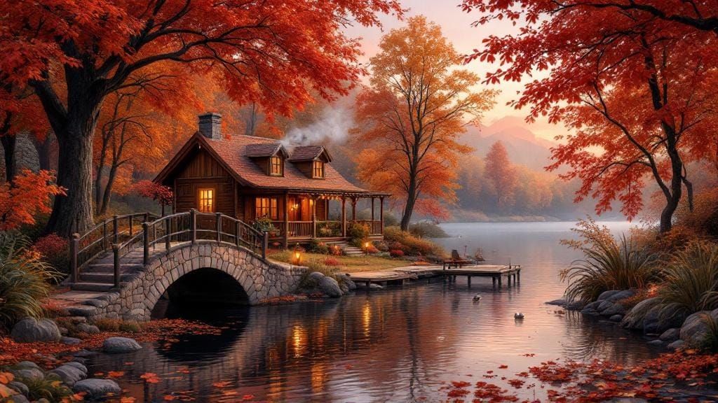 A peaceful autumn lakeside at dawn, featuring a cozy wooden cabin nestled among trees ablaze with vibrant fall foliage—r...